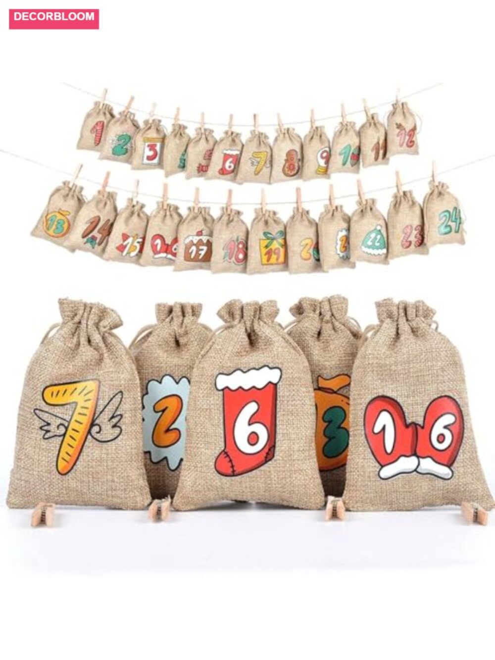24 Day Christmas Advent Calendar Burlap Bags Countdown Holiday Décor